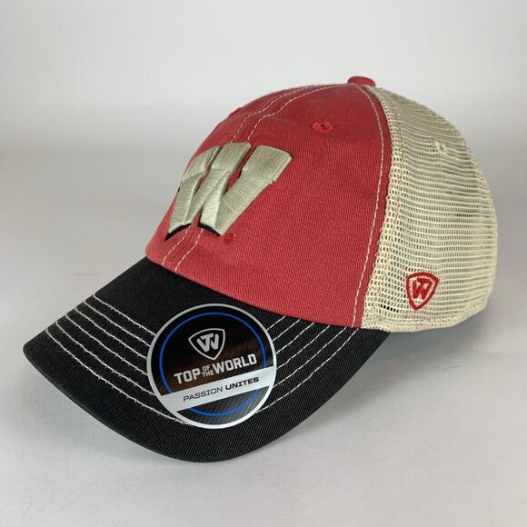 Wisconsin Badgers NCAA Red Black Beige Top of the World Relaxed Fit Trucker Hat - Picture 1 of 5